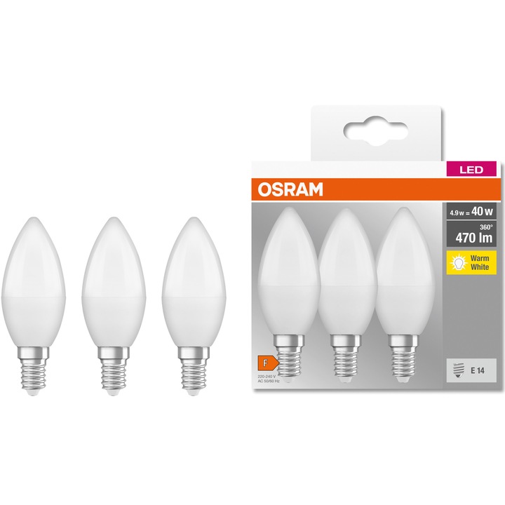 Комплект 3 крушки LED Osram Base Classic B40, E14, 4.9 W (40W), 470 лумена, Топла светлина (2700K), Енергиен клас F