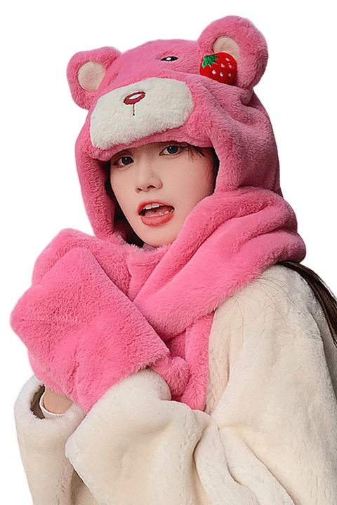 Caciula dama, model cap de ursulet voluminos, prelugire tip fular calduros cu loc special pentru maini tip manusi, tematica happy bear, marime universala, roz deschis, EFAYN
