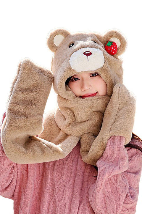 Caciula dama, model cap de ursulet voluminos, prelugire tip fular calduros cu loc special pentru maini tip manusi, tematica happy bear, marime universala, maro, EFAYN