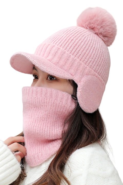 Caciula dama, set doua piese, model pom pom cu acoperitori pentru urechi si cozoroc curbat, cu fular tip guler asortat, tematica fashion winter, marime universala, roz deschis, EFAYN