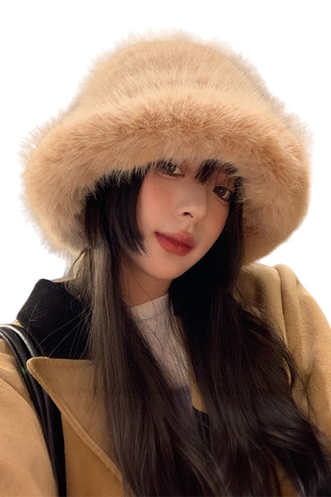 Caciula dama, model tip palarie pufoasa, usor reglabila in interior, tematica warm winter hat, marime universala, maro deschis, EFAYN