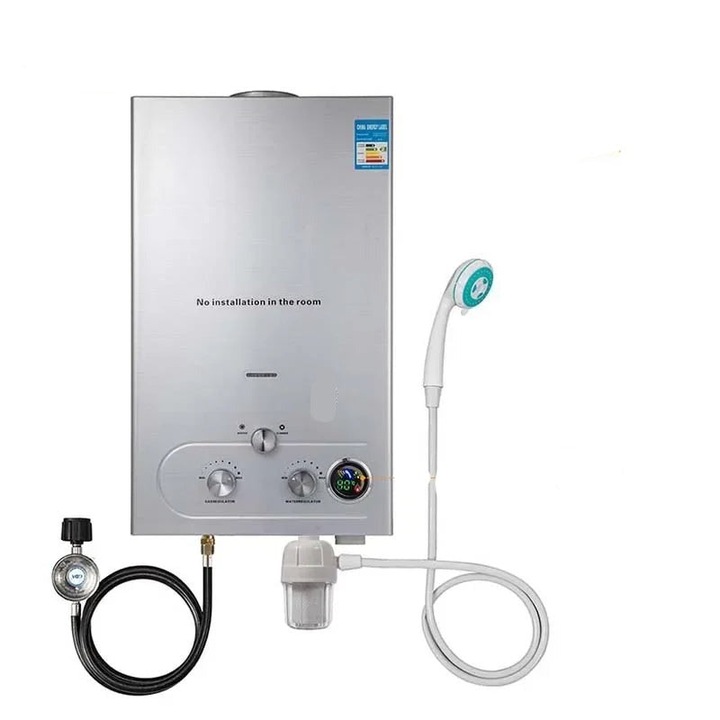 Моментален нагревател, 32KW, LPG, 16L/min, Неръждаема стомана, LED дисплей, 16L, Сребрист