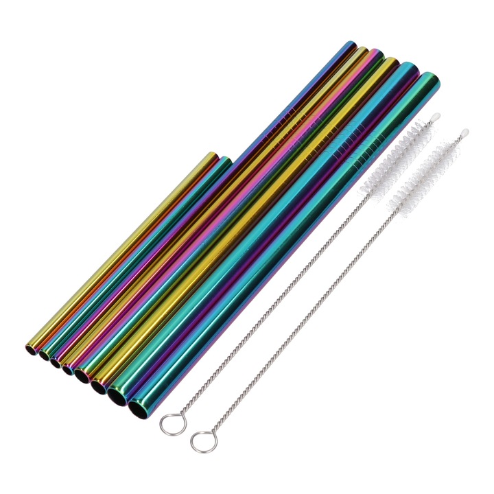 Set 8 Paie Otel Inoxidabil Reutilizabile, Eco, Curcubeu Multicolor, Whisky Rocks, Diverse Grosimi pentru Cocktail, Smoothie, Cafea, Bauturi Reci, Lavabile, cu Perie Curatare, Bar & Acasa, Alternativa Durabila Plastic