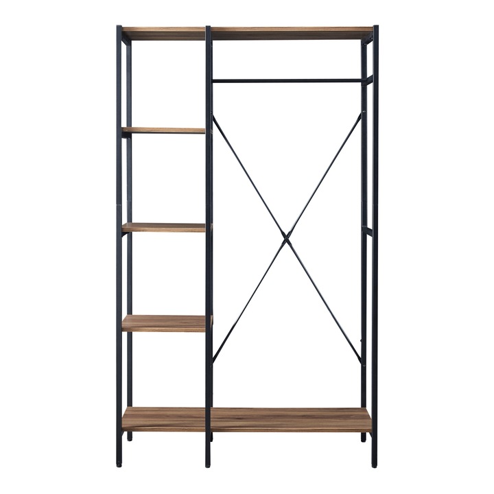 Suport haine, en.casa, PXTA-0671 Hvidovre, 170 x 100 x 35 cm, metal, pal, negru, efect lemn, cu sina si rafturi