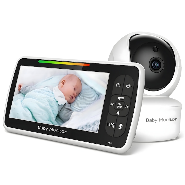 Система за видео и аудио наблюдение за бебета BLEKSY®, бебефон, 12,7 см TFT дисплей, 300 м обхват, двупосочна комуникация, нощно виждане, мащабиране, приспивни песни, температурен сензор, хоризонтално завъртане 355°, вертикално 120°