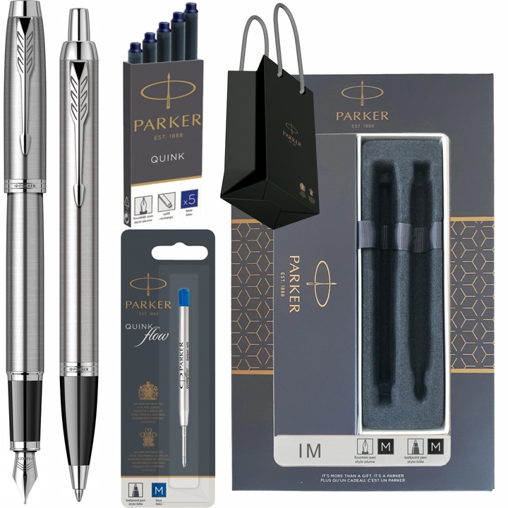 Set Parker Stilou si Pix IM Royal Essential Stainless Steel CT, cu gravura, cartuse lungi Parker Quink 5 buc, rezerva pix Parker albastru Jumbo Quink Flow, cutie si punga
