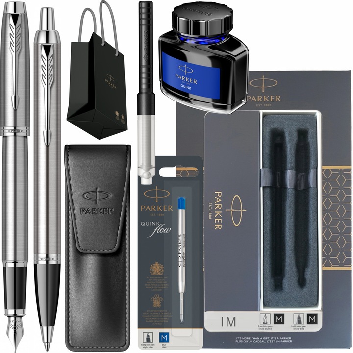 Set Parker Stilou si Pix IM Royal Essential Stainless Steel CT, cu gravura, rezerva pix Jumbo Quink Flow albastru, convertor standard, calimara cerneala, etui Leather Black, cutie si punga