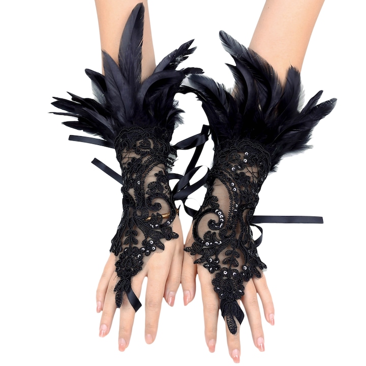 Парти ръкавици в готически стил, изкуствени пера, черни 1 чифт