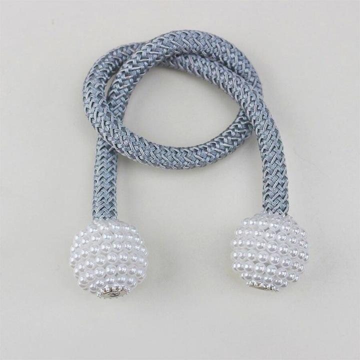 Set 2 Bucati Accesoriu Prindere Draperii Cu Magnet Model Bila cu Perle Snur Argintiu