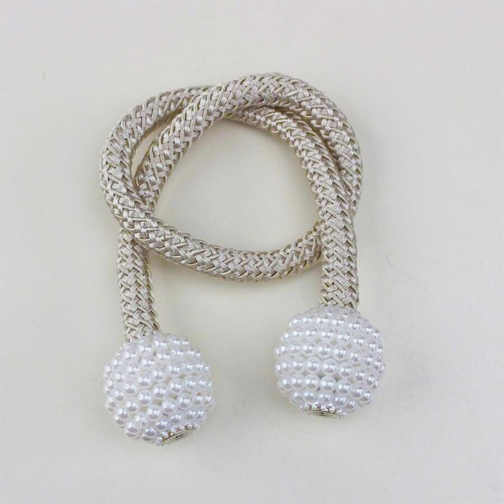 Set 2 Bucati Accesoriu Prindere Draperii Cu Magnet Model Bila cu Perle Snur Crem