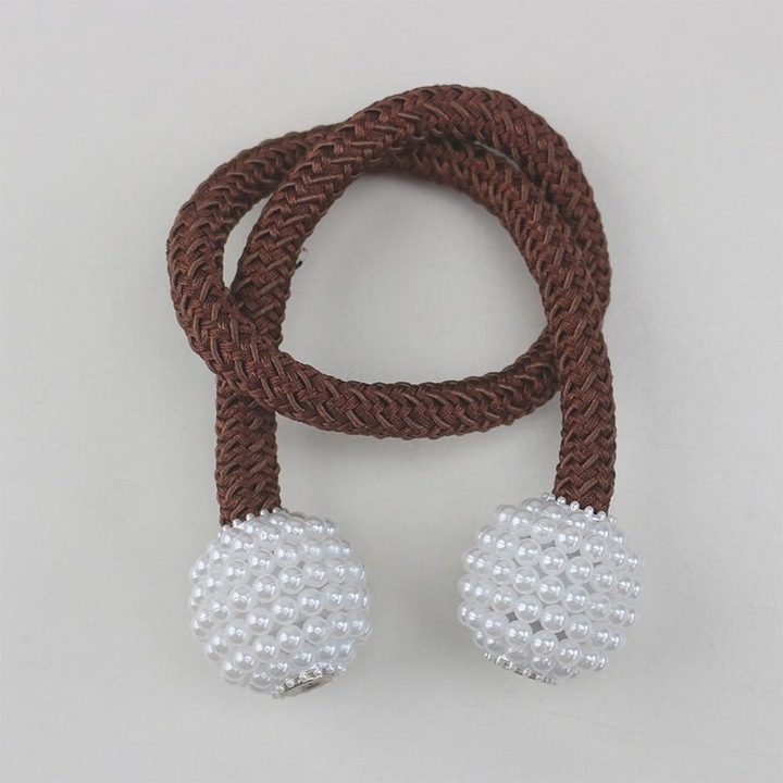 Set 2 Bucati Accesoriu Prindere Draperii Cu Magnet Model Bila cu Perle Snur Maro Inchis
