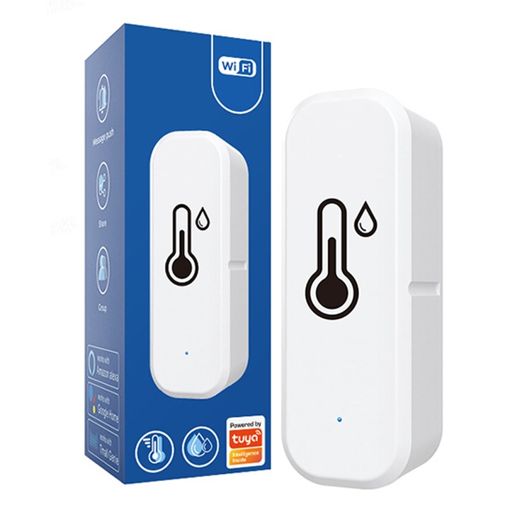 Senzor de temperatura/umiditate, Chucai, Wifi/Bluetooth, Compatibil cu Tuya/SmartLife/Alexa/Echo/Google, Alb, Senzor gaz, Smart life