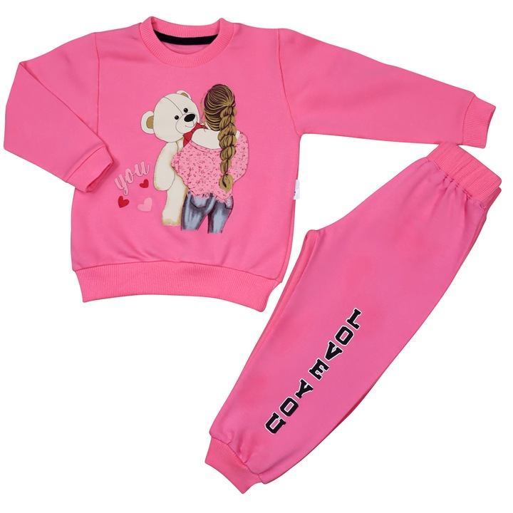 Trening 2 Piese, Pentru Copii "Teddy" Bluza Cu Maneca Lunga Si Pantaloni Lungi, Bumbac, Fucsia