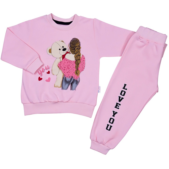 Trening 2 Piese, Pentru Copii "Teddy" Bluza Cu Maneca Lunga Si Pantaloni Lungi, Bumbac, Roz