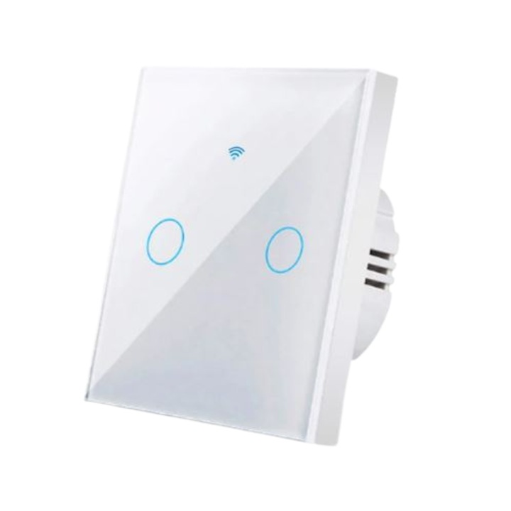 Intrerupator inteligent cu touch, Wi-Fi, cu sau fara nul, 2 canale, 10A, Tuya, Life Smart, compatibil Alexa/Google Assistant, Alb