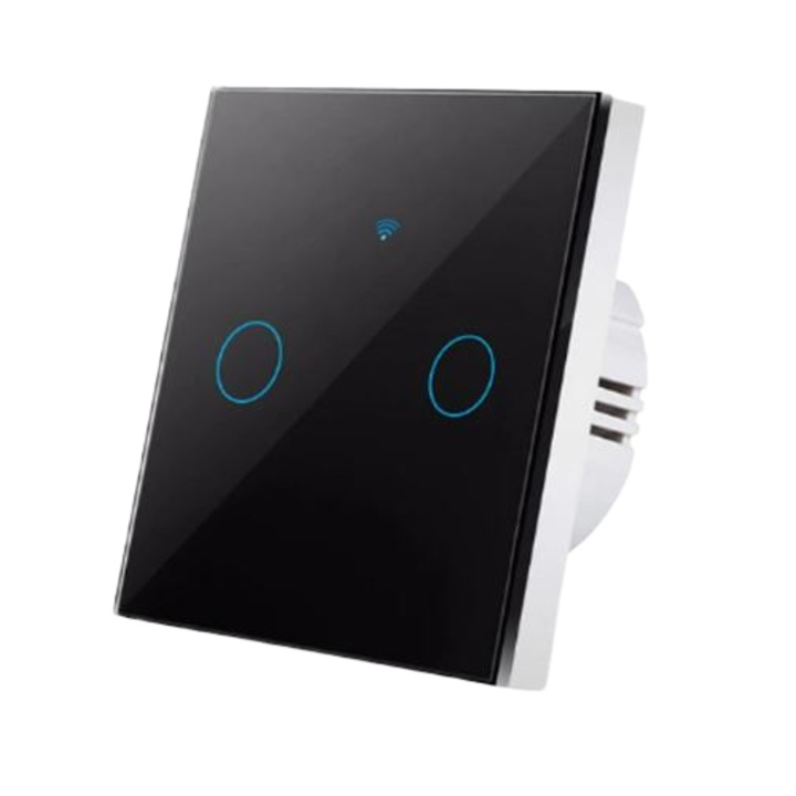 Intrerupator inteligent cu touch, Wi-Fi, cu sau fara nul, 2 canale, 10A, Tuya, Life Smart, compatibil Alexa/Google Assistant, Negru