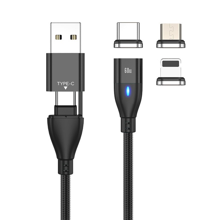 Cablu de date si Incarcare Rapida, Chigoods, 6 in 1, QC 3.0, 60W, Universal, Magnetic, Type C, Tip Lightning, Micro-USB, Compatibil iPhone, Samsung, Huawei, 2m
