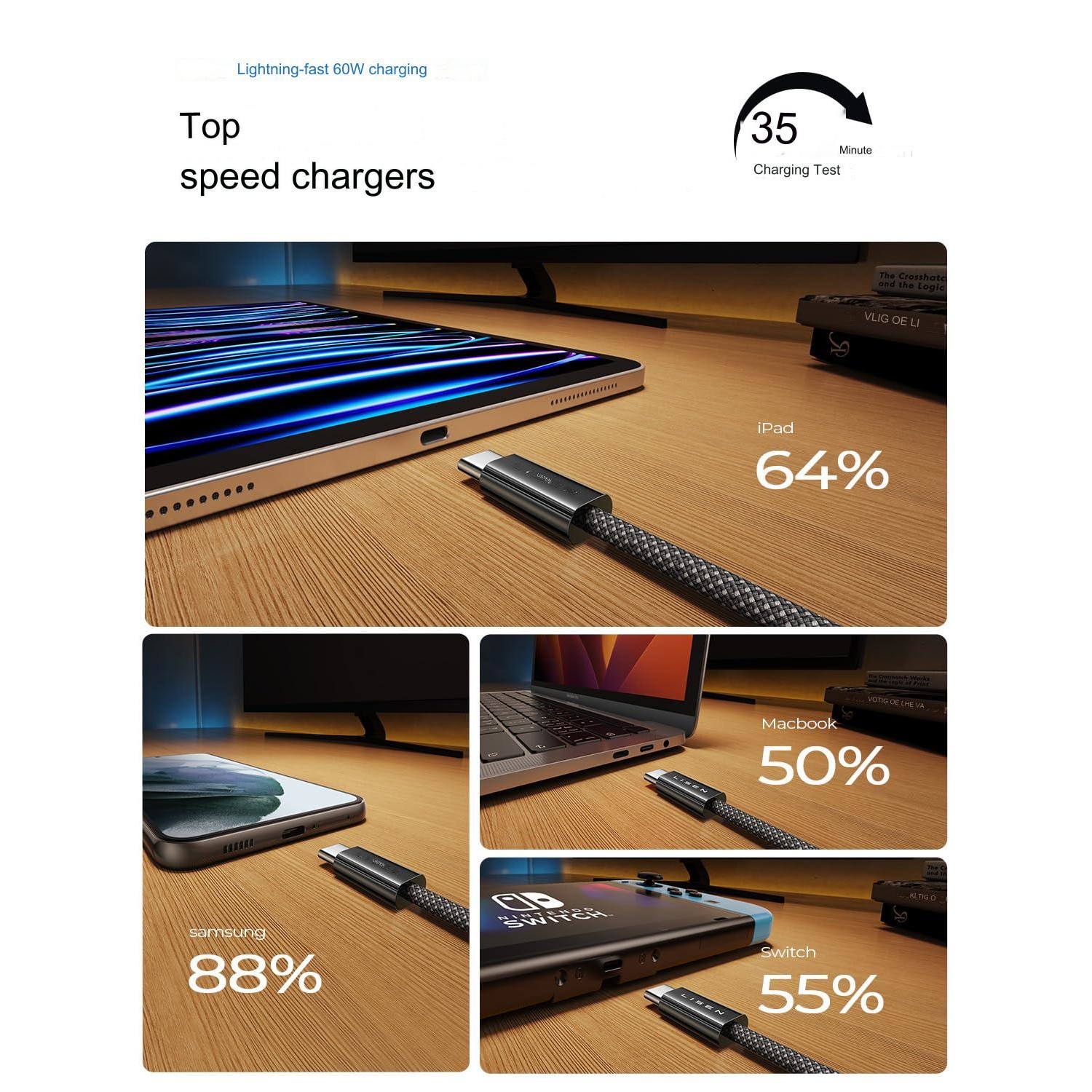 Pro Max Usb Комплект от 4 кабела за данни и зареждане USB C към USB C, 60 W, Qwick ...