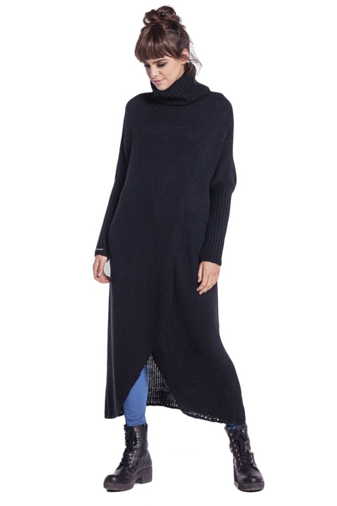 Fobya női kötött maxi pulóver 17819323 10-434, magas gallér, vastag és meleg, gyapjú, M/L, fekete