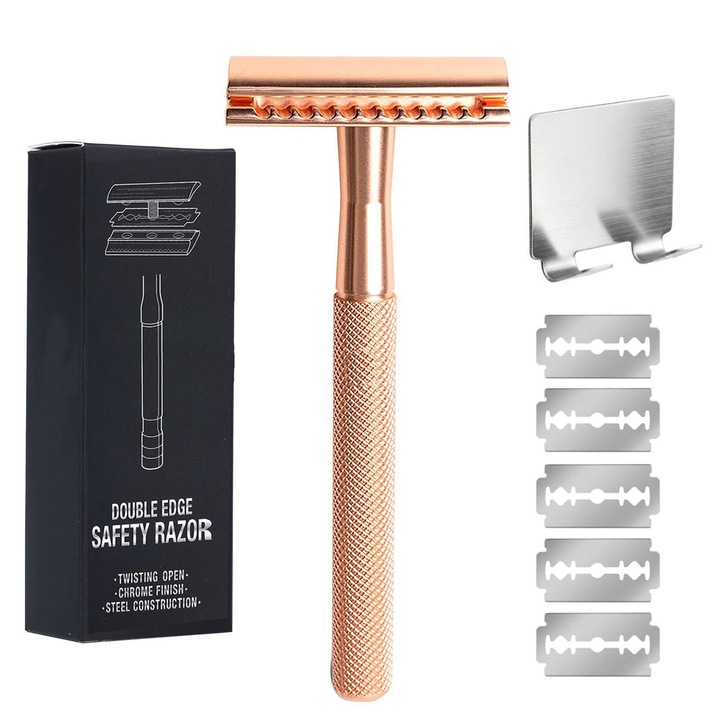 Aparat de ras clasic Safety Razor, Amtok, cu 5 buc lame si 1 Suport, Rosegold