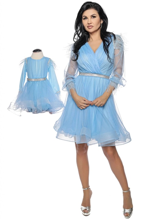 Комплект 2 рокли майка-дъщеря (9-12 месеца) от тюл с естествени пера и блясък, Bleu