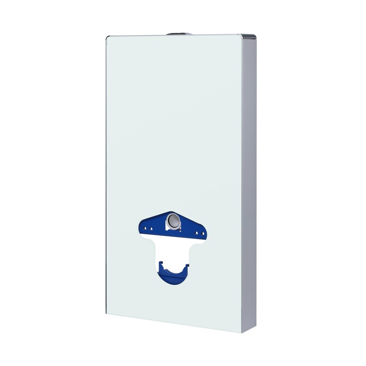 Rezervor aparent WC suspendat, Balneo, Fix Frame Glass, cadru de otel montare la suprafata, cu kit de montare, carcasa din sticla calita, capacitate de incarcare 400 kg, 2 moduri de spalare, cu butoane de spalare instalate, Glass Milky