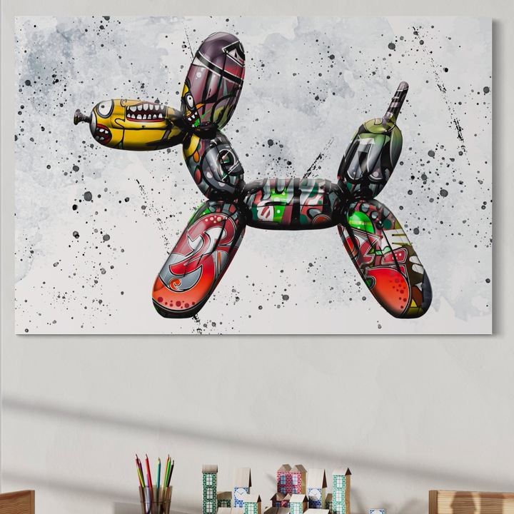 Премиум картина върху платно, LuxCanva® B1043, Поп арт куче балон, 100 X 155 см, 100% памучно платно 400 г/м2, дървена рамка, спалня, деца, куче, балон, ярки цветове