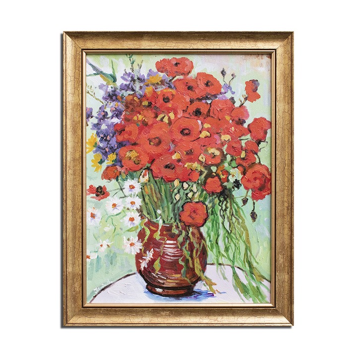 Tablou celebru living, hol, dormitor inramat pictat manual, Vaza cu margarete si maci, 45x35cm ulei pe panza reproducere Vincent van Gogh