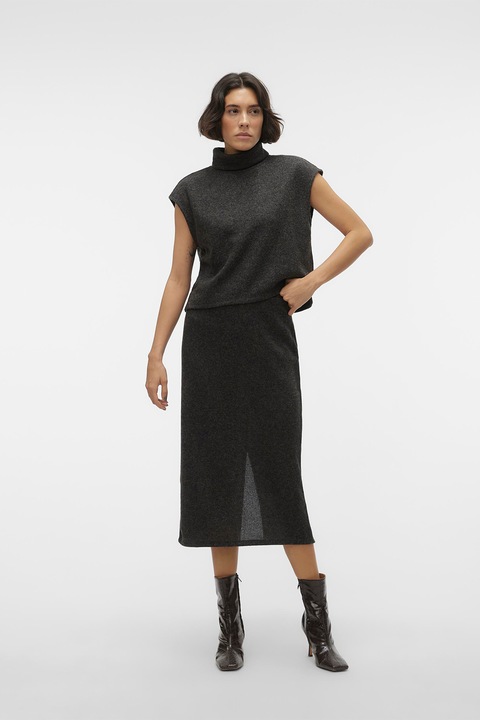 Vero Moda, Fusta midi cu slit pe spate, Negru melange