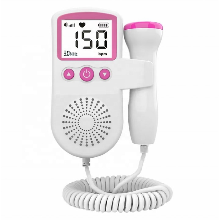 Monitor Doppler fetal pentru femei gravide, Begleri, folosit pentru monitorizarea intrauterine a functiei vitale fetale, detectarea pulsului, pentru gravide, portabil, USB, alb/roz