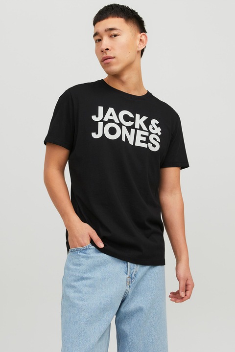 Jack & Jones, Organikuspamut póló gumis logóval, Fehér/Koptatott fekete