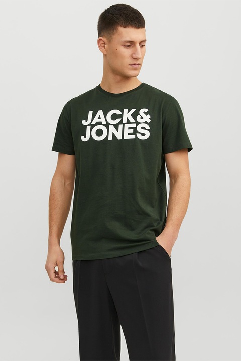 Jack & Jones, Тениска от органичен памук с лого от декоративни камъни, Тъмнозелен/Мръснобял