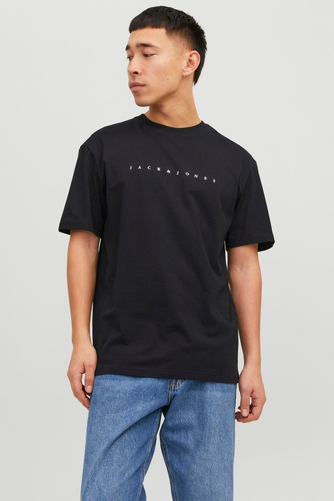 Jack & Jones, Тениска с овално деколте и лого, Черен