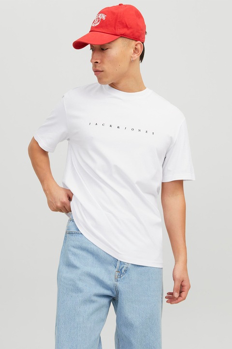Jack & Jones, Тениска с овално деколте и лого, Бял