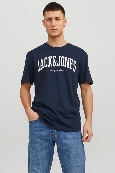 Jack & Jones, Свободна памучна тениска, Бял/Тъмносин