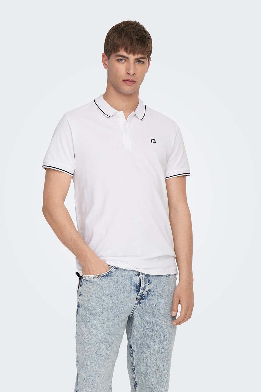 Only & Sons, Tricou polo de bumbac organic, Alb, L
