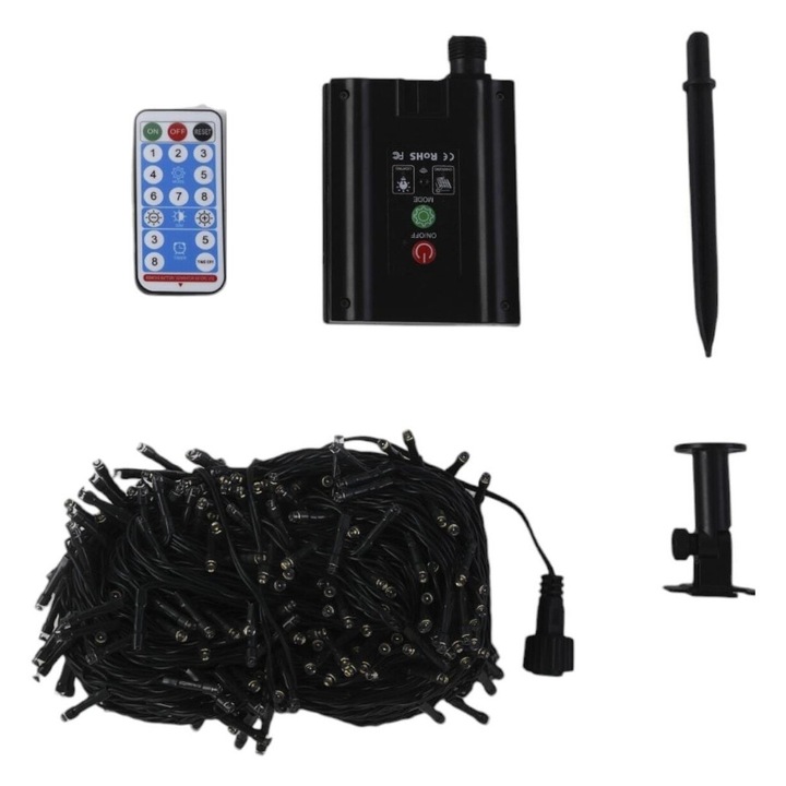 Instalatie de Craciun cu panou solar si telecomanda, Liniara, 30 m, 300 Leduri, Alb cald, Fir Negru, 8 jocuri de lumini, Exterior / Interior - fotovoltaic