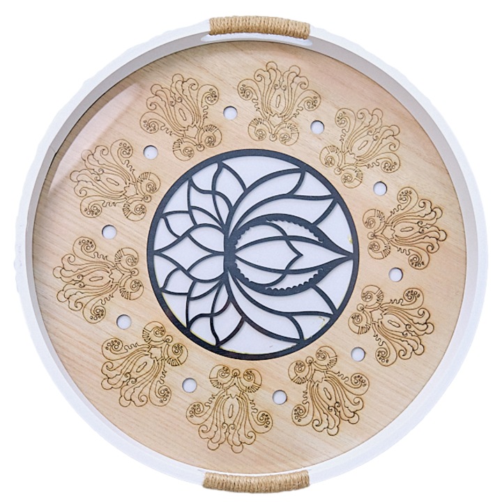 Tava Lotus, din lemn cu baza din sticla si model traditional asiatic, 35cm, Velve, Crem
