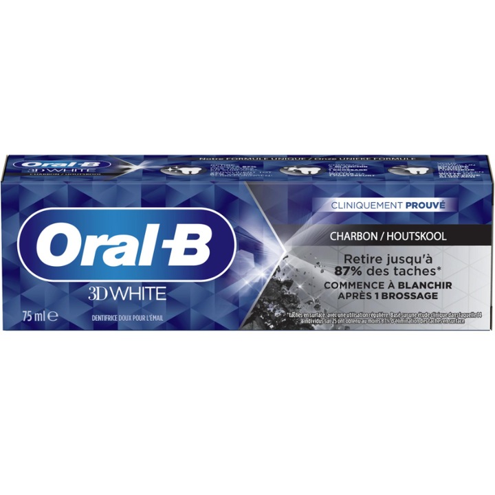 Fogkrém, Oral-B, 3D fehér, szén, segít fehéríteni a fogakat, eltávolítja a lepedéket és a foltokat, szénnel, 75 gr