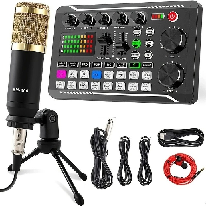 Set mixer audio, WALALLA, cu placa de sunet/microfon/diverse accesorii, potrivit pentru streaming live, gaming, PC, laptop, smartphone, auriu/negru