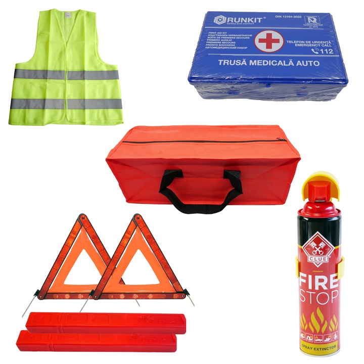 Kit siguranta auto, contine trusa medicala certificata RAR si avizata MS, extinctor tip spray, 2 x triunghi reflectorizant, vesta reflectorizanta, geanta depozitare, RUNKIT