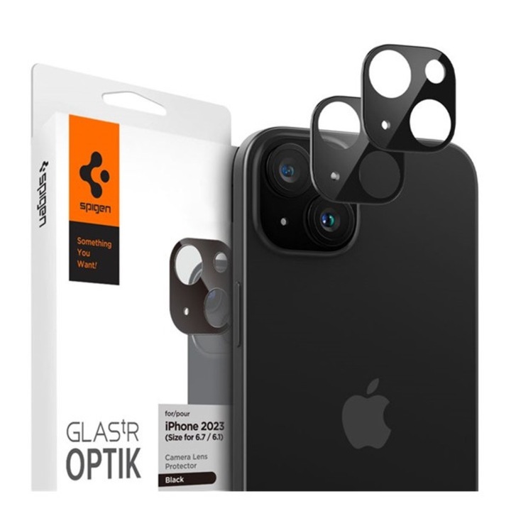 Spigen optik kameravédő üveg 2db, 9h, fekete, kompatibilis: Apple iPhone 15 Plus / iPhone 15