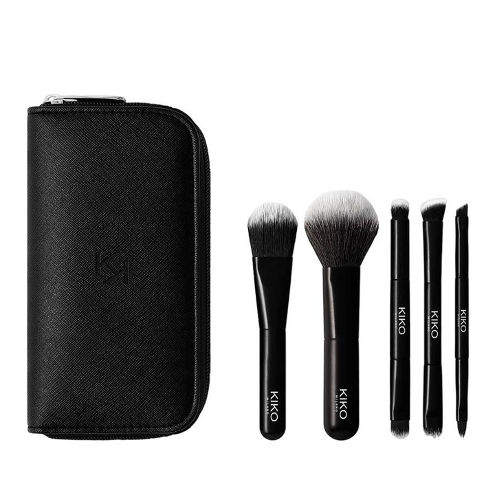 Комплект от 5 четки за грим, Kiko Milano, С кожена чанта, Черна/Сива