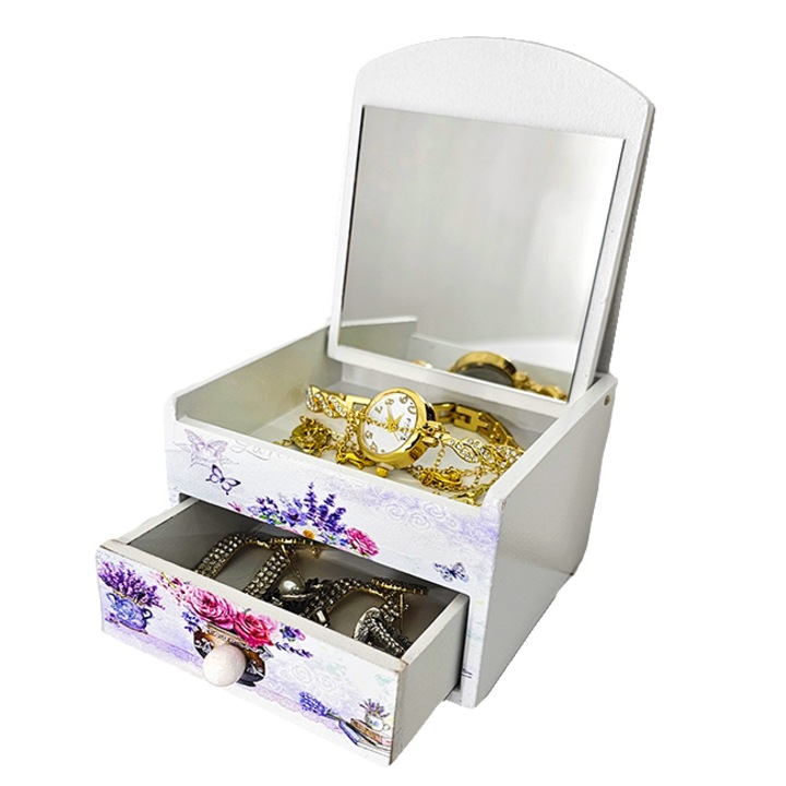 Елегантна Floral Vintage кутия, за съхранение на аксесоари и бижута, с огледало и чекмедже, изработена от боядисано дърво, Velve, Маслено бяло