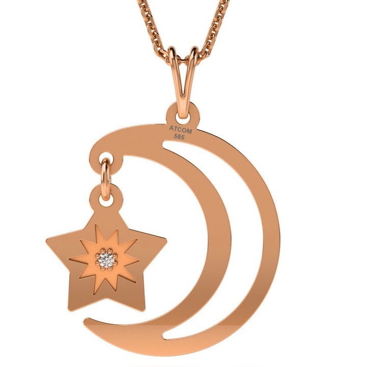 Луна и звезда с висулка от розово злато