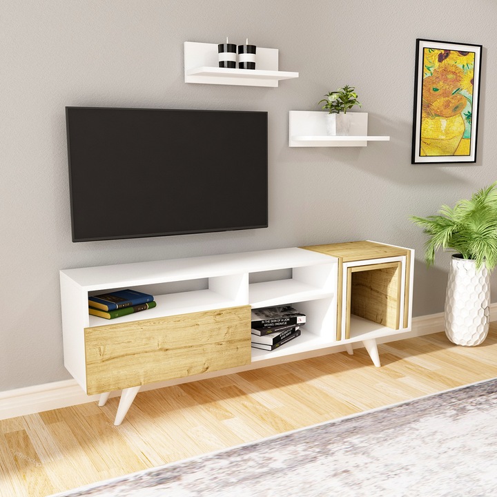 Living Voilet alb si stejar, suport TV, dimensiuni 140x 31 cm, 3 masute