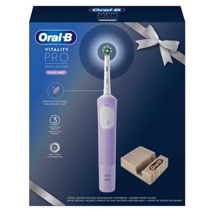 Подаръчен комплект: Ел. четка за зъби Oral-B Vitality Pro, 2D почистване, 3 програми, 1 зарядно устройство, 1 накрайник, Лилав + Бамбукова стойка за телефон