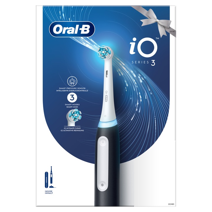 Електрическа четка за зъби Oral-B iO3 с магнитна технология и микровибрации, Смарт сензор за налягане, 3 режима, 1 накрайник, Черен