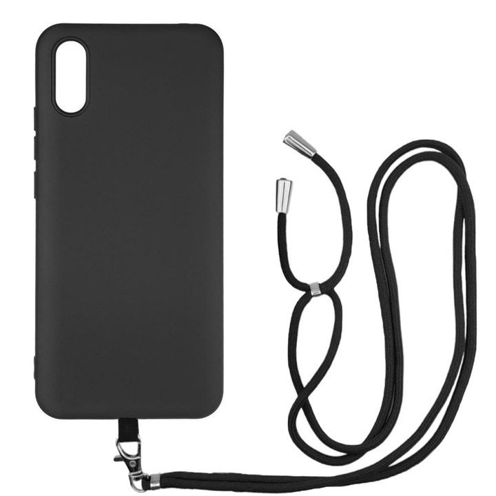 Xiaomi Redmi 9A / 9AT / 9i-vel kompatibilis tok, Sport Body Lanyard Case, Levehető kábel, Állítható hossz, 80 cm, Csúszásgátló szilikon, Mikroszálas belső, Fekete