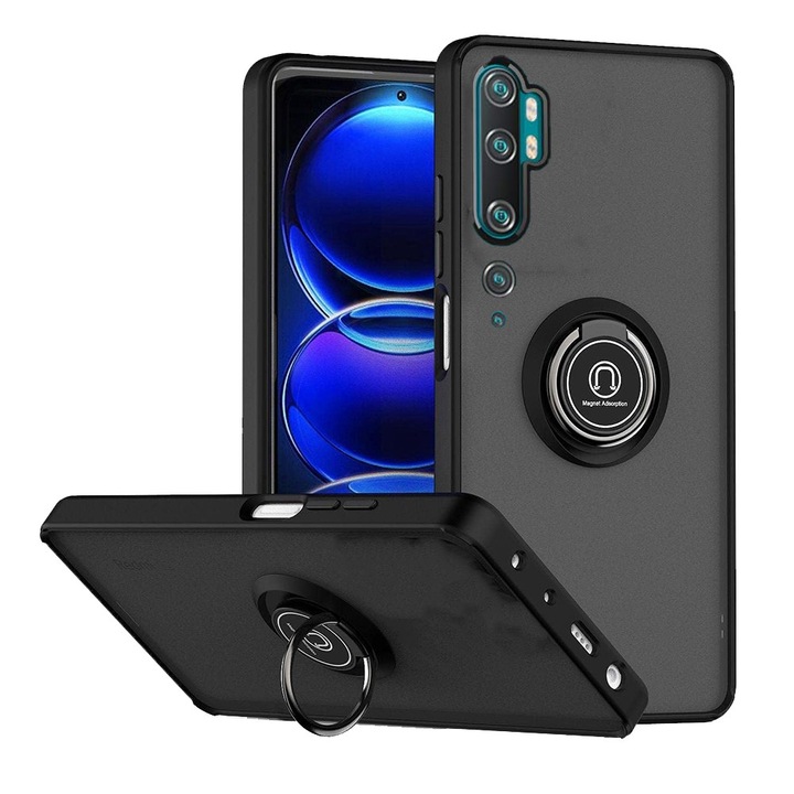 Husa Matte Ring Grip, Compatibil cu Xiaomi Mi Note 10 / Note 10 Pro, Antisoc Armor, Inel rotativ 360 grade, Magnet suport auto incorporat, Negru